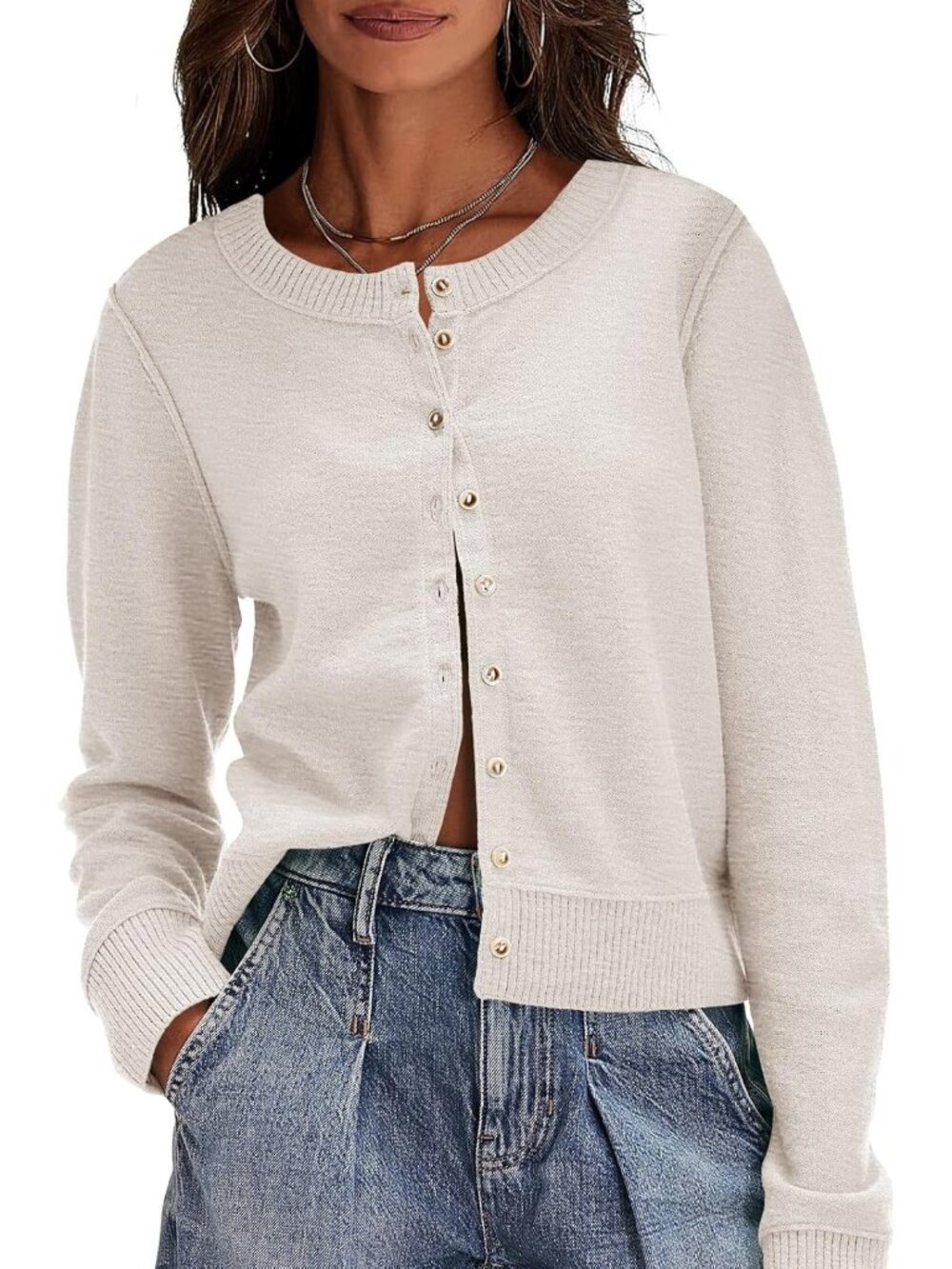 Women's Beige Long Sleeve Crew Neck Imported Button Down Cardigan Sweaters